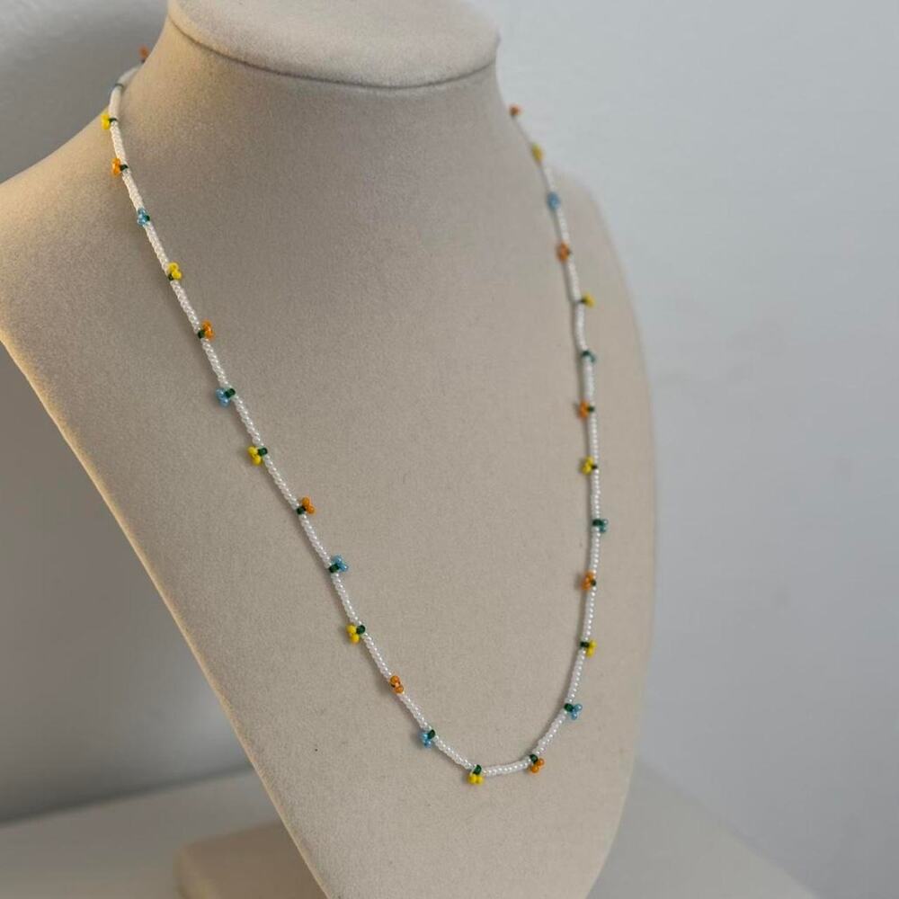 White Beaded Necklace Multi Color Handmade Unique Jewelry Gift Artisan Necklace - Picture 2 of 3